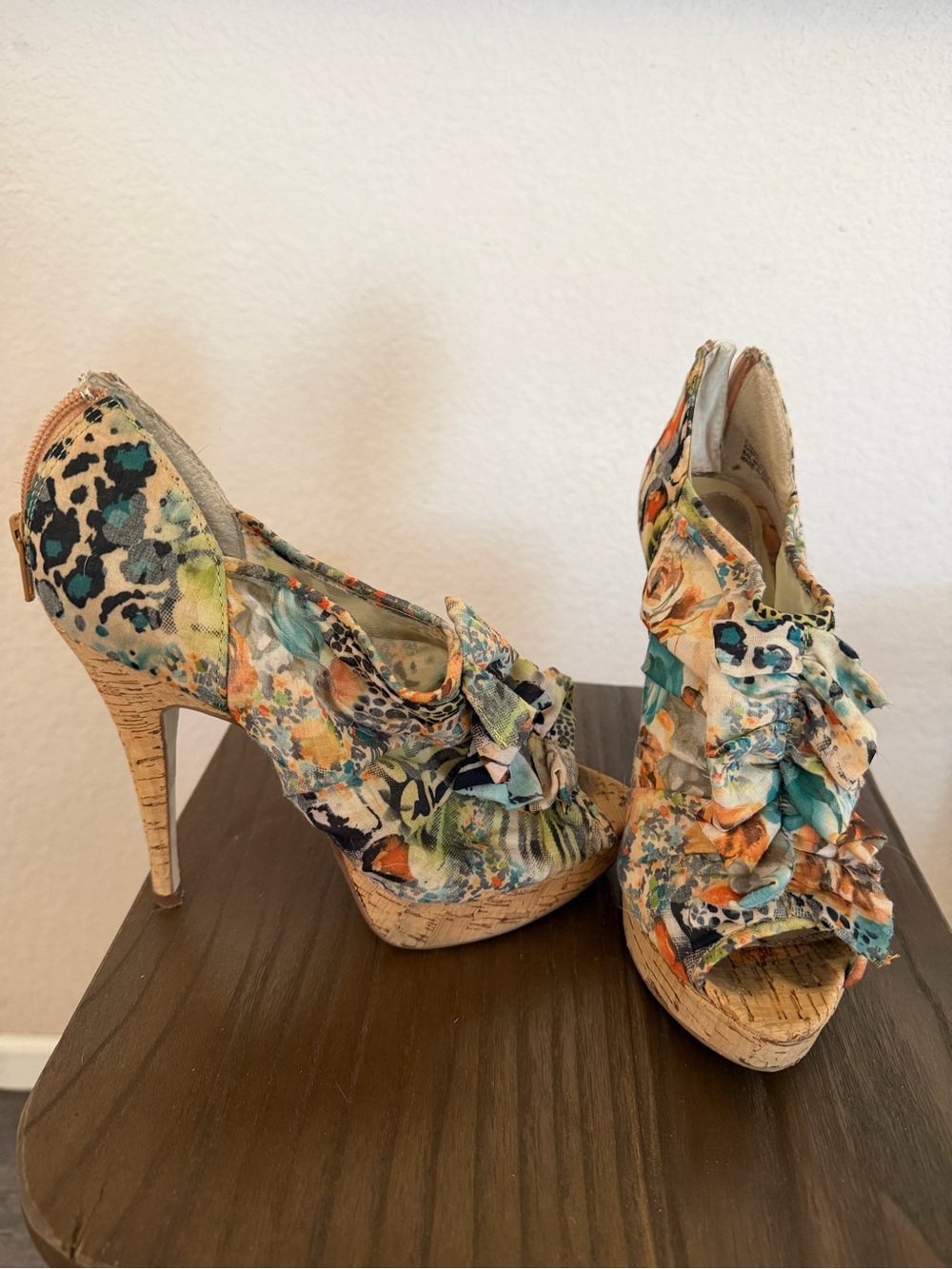Chinese Laundry Multicolor Floral ruffle Peep Toe Cork stiletto heel